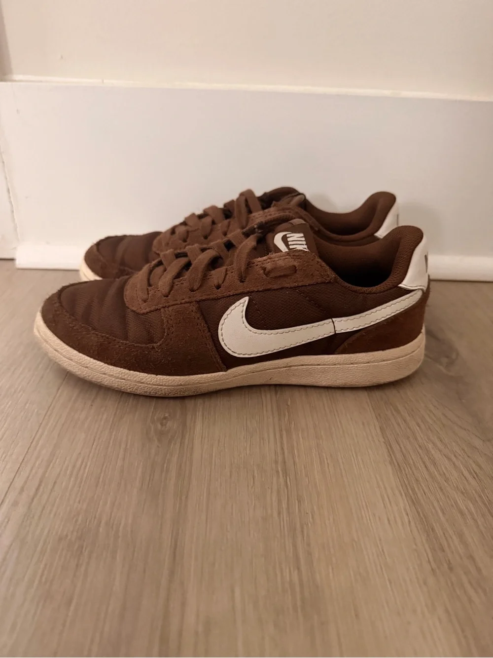 Nike Brown Suede and Textile Low-Top Sneakers with White Swoosh
